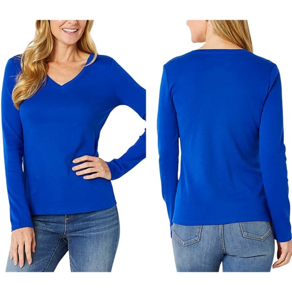 Lands End Long Sleeve Top Favorite Tee V Neck Shaped True Blue SZ Large - Picture 1 of 16
